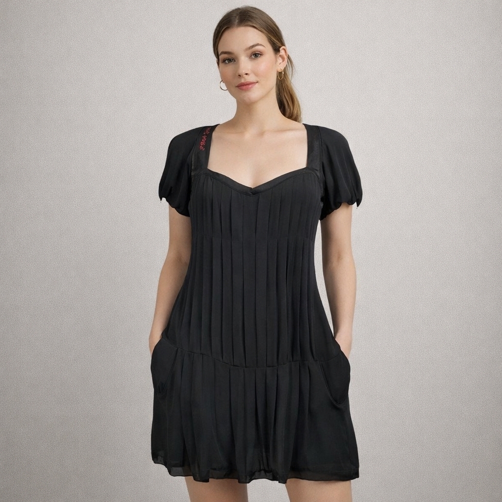 I Wish You Embroidered Black Pleated Midi‎ Dress US Small